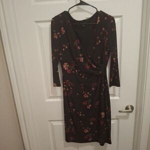 LAUREN RALPH LAUREN Size 8 Black Floral Long Sleeve V-Neck Wrap‎ Ruched Dress